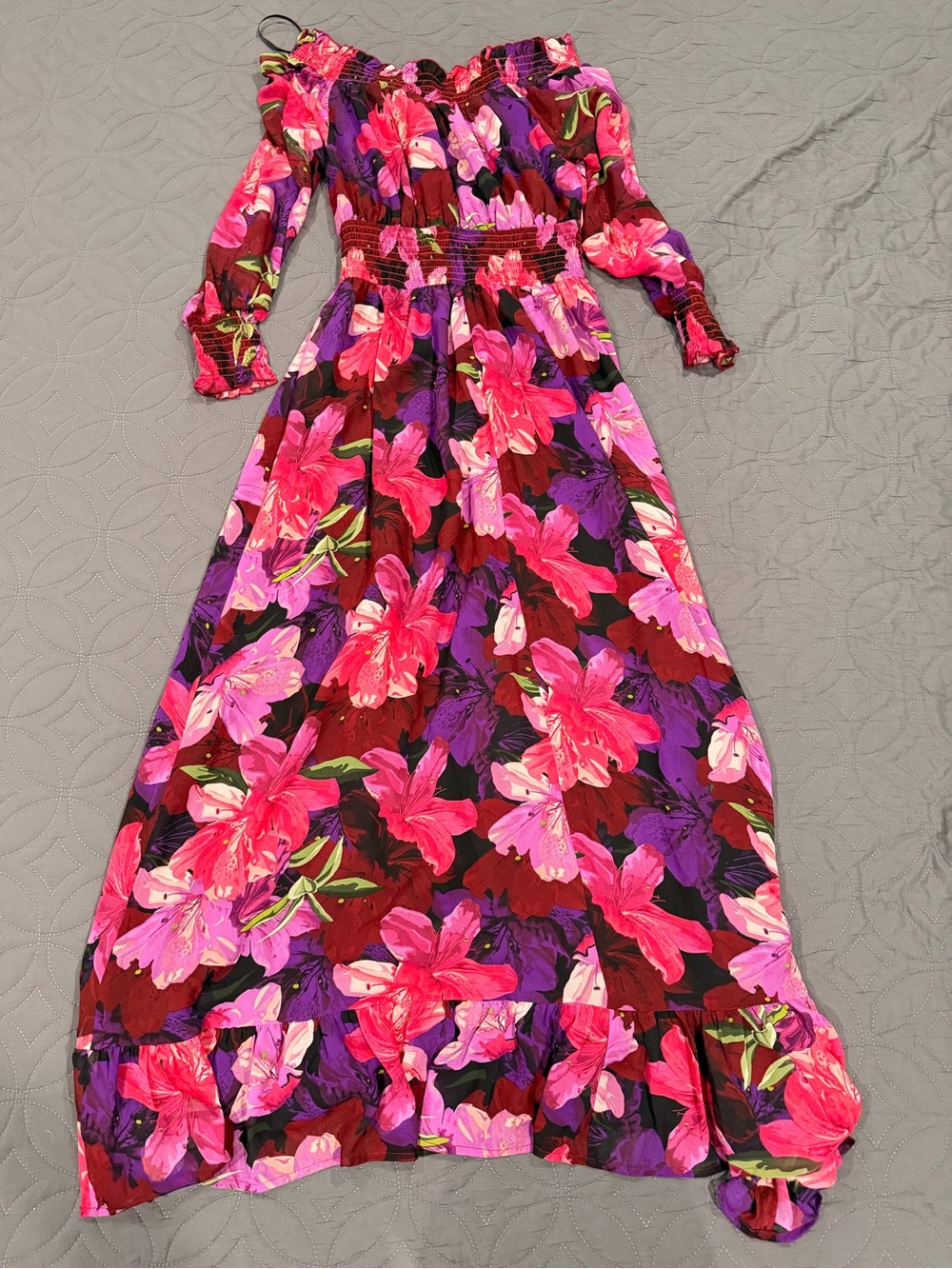 Petal and Pup Magenta Pink Purple Floral Smocked Off-Shoulder Maxi Dress S